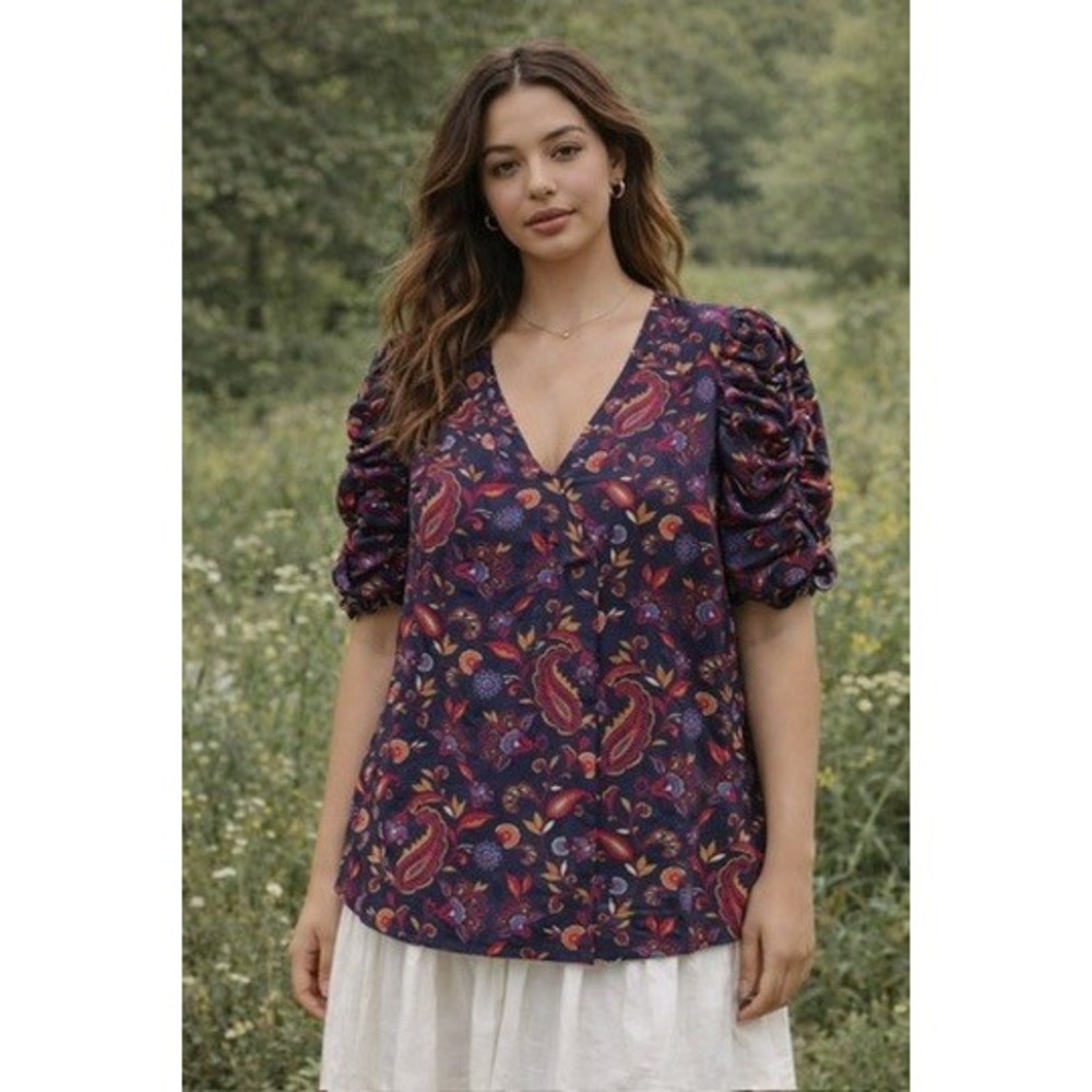 LOFT Womens Size M Navy Blue Paisley Cotton V-Neck Ruched Puff Sleeve Top Artsy‎
